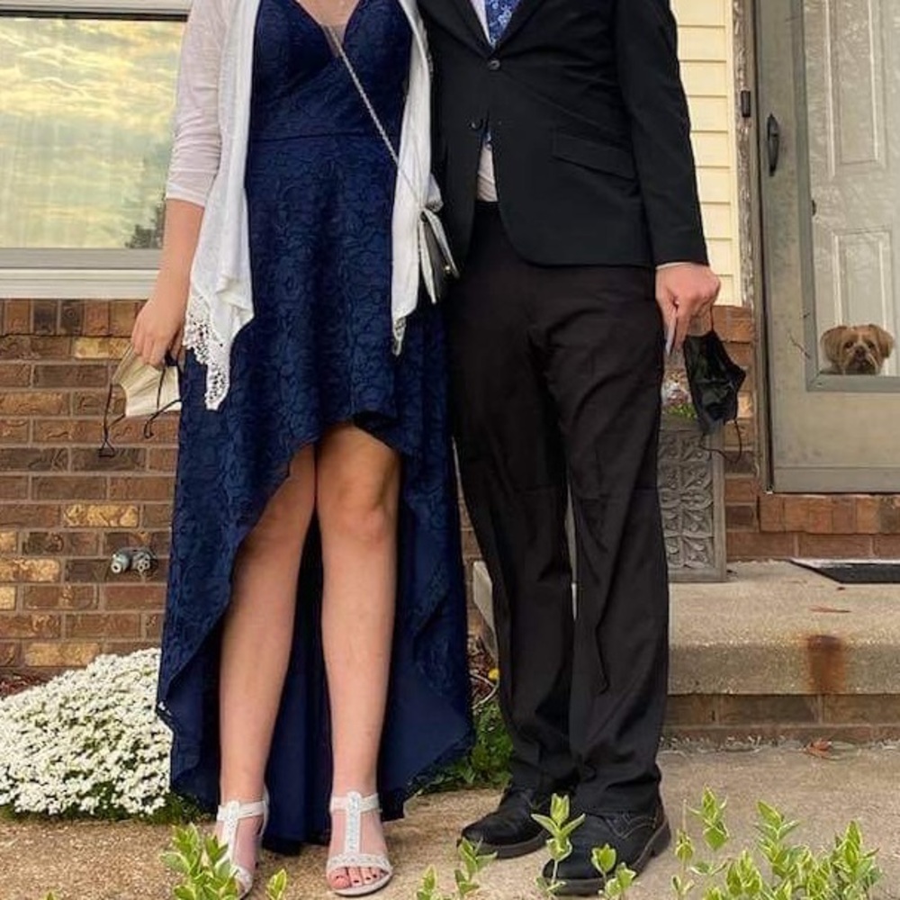 Blue lace hi-low prom dress with silver shoes and accessories shoes are size 10